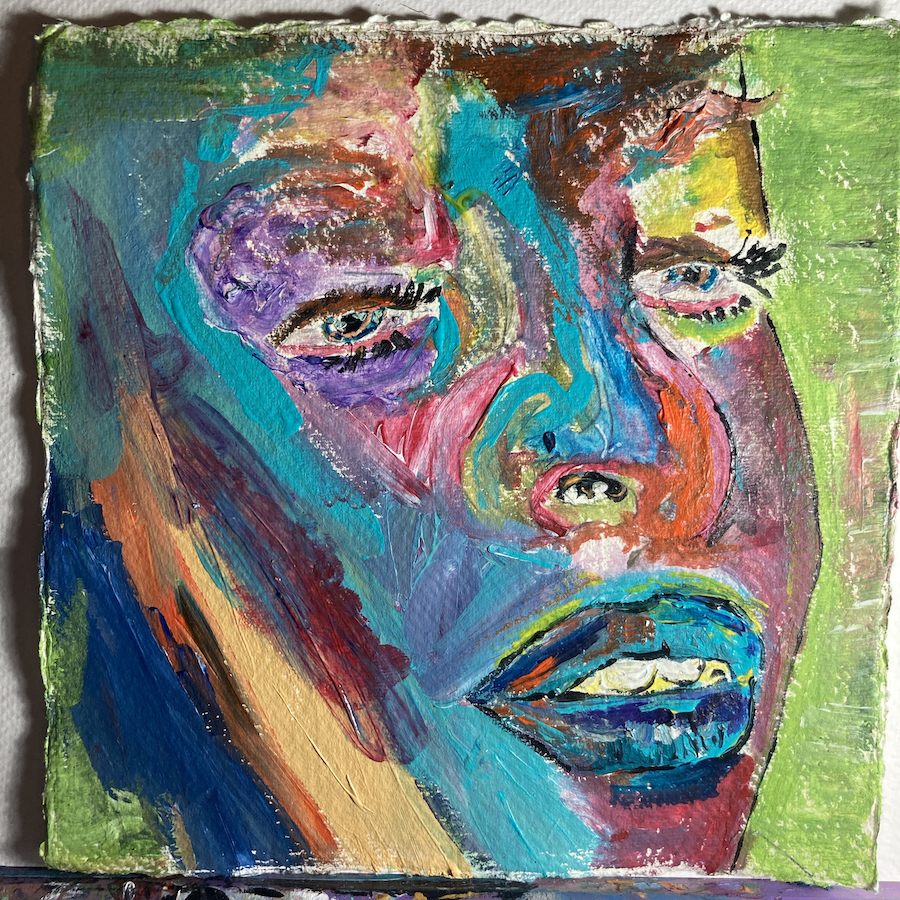acrylic and Gouache painting of a stylised portrait mouth slightly open, colourful , on watercolour paper